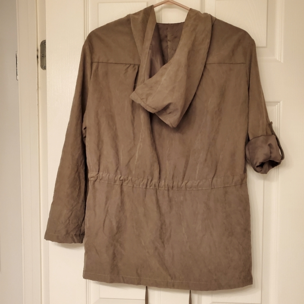 Revamped Outerwear Faux Suede Hooded Drawstring Utility Jacket Khaki Small - Picture 6 of 9
